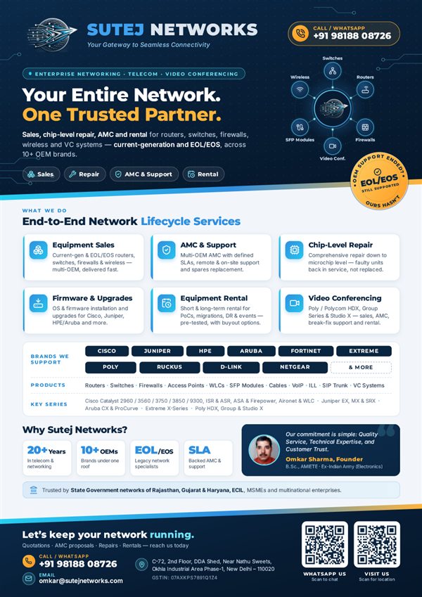 Sutej Networks one-page flyer: services, brands, key series and contact details